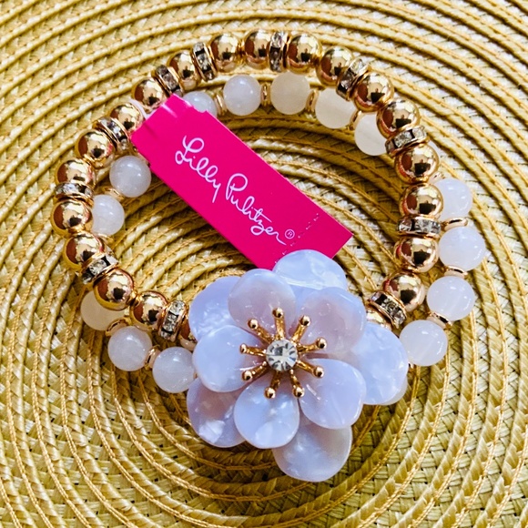 LILLY PULITZER  BRACELET 🩷FLOWER BLOOM WHITE/GOLD /CRYSTAL 🩷BEADED STRETCH - Picture 6 of 9